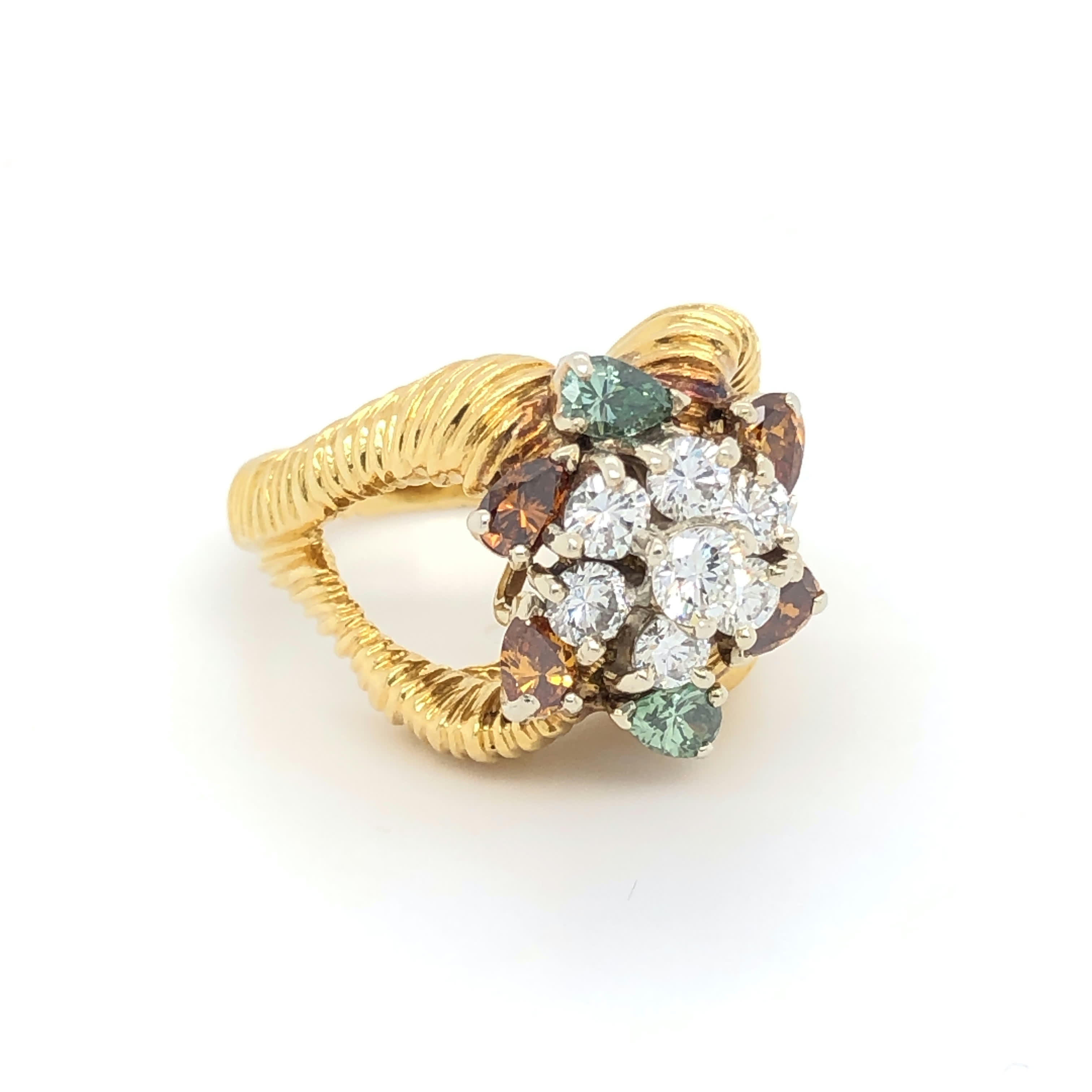 18K Ring with Natural Brown, Green and White Diamonds.
