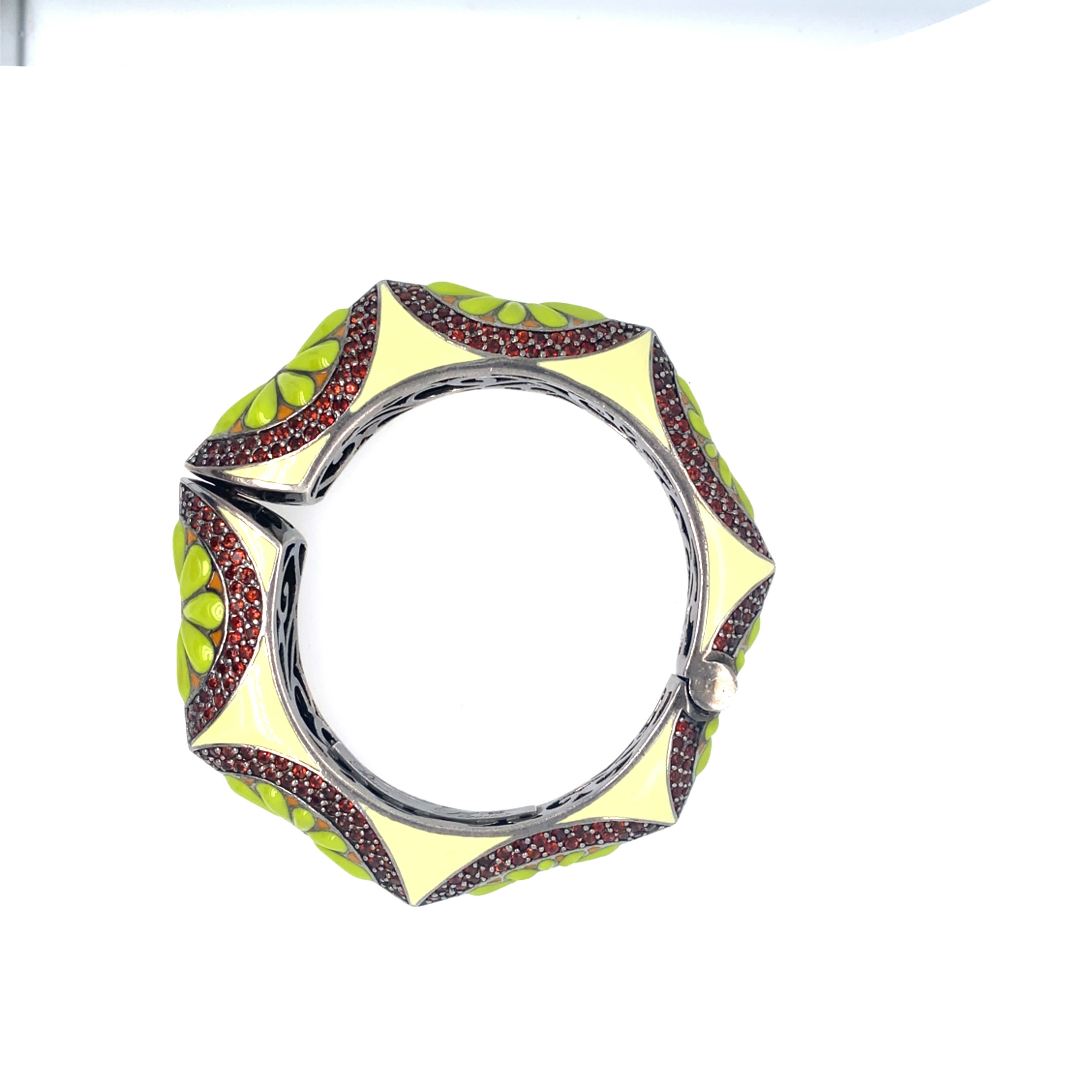 Rina Limor Floral Enamel and Pavé Red Garnet Hinged Bangle in Sterling Silver