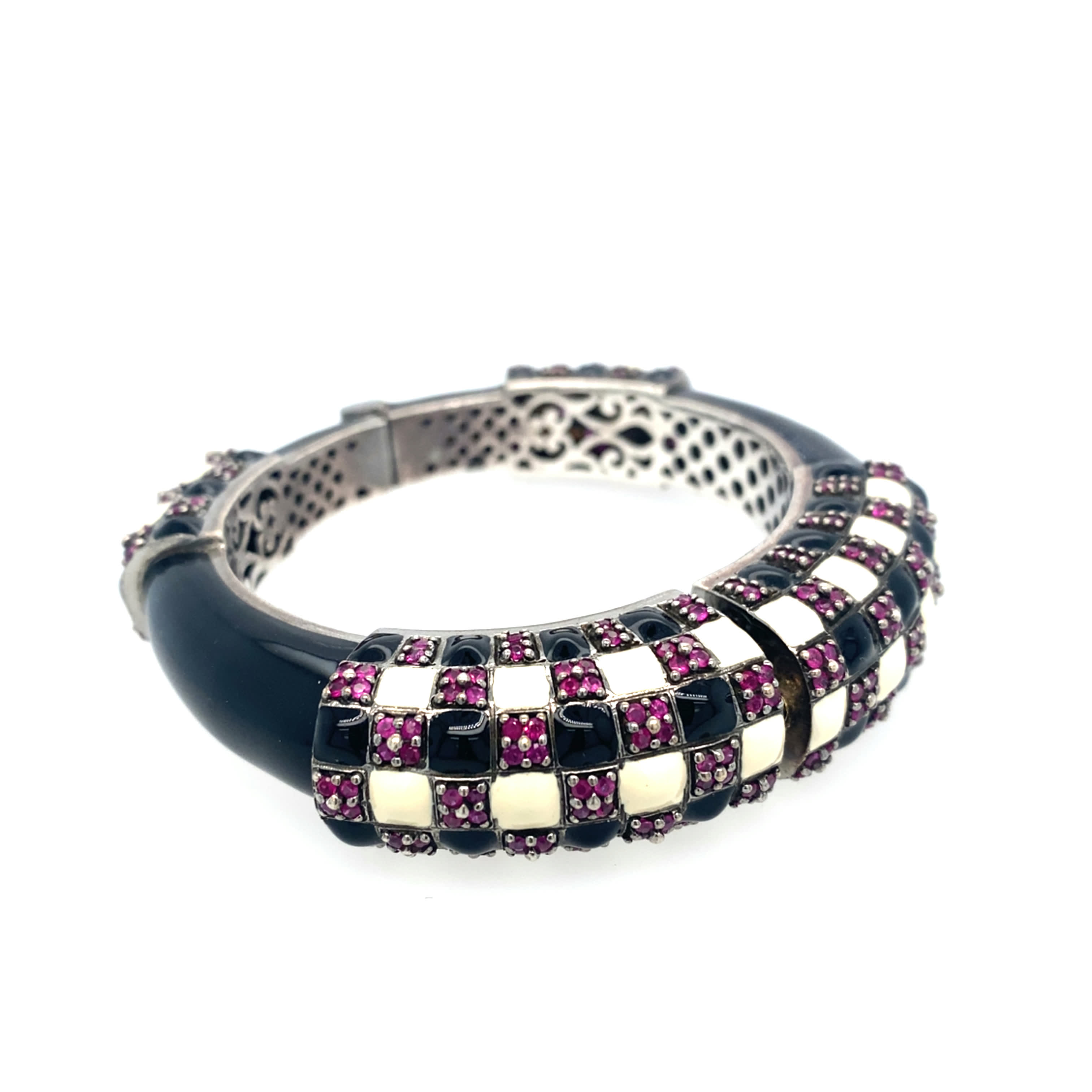Rina Limor Black Onyx and Round Ruby Checkerboard Hinged Bangle in Sterling Silver