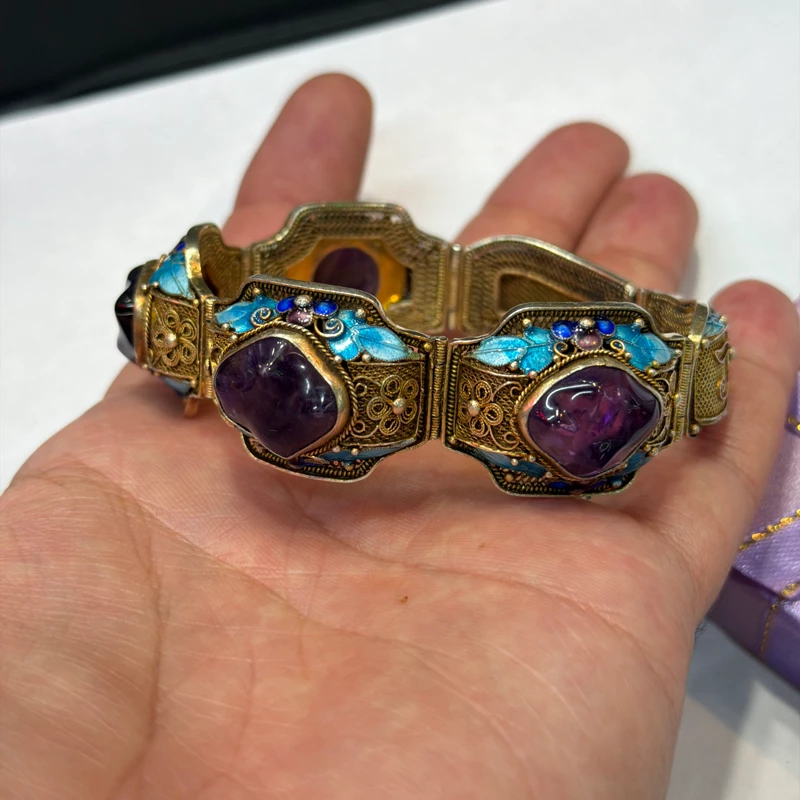 Vintage Style Enamel and Amethyst Silver Bangle Bracelet