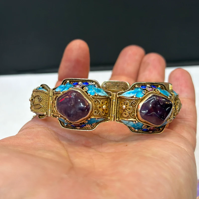 Vintage Filigree Amethyst Chain Bracelet — Yellow Gold